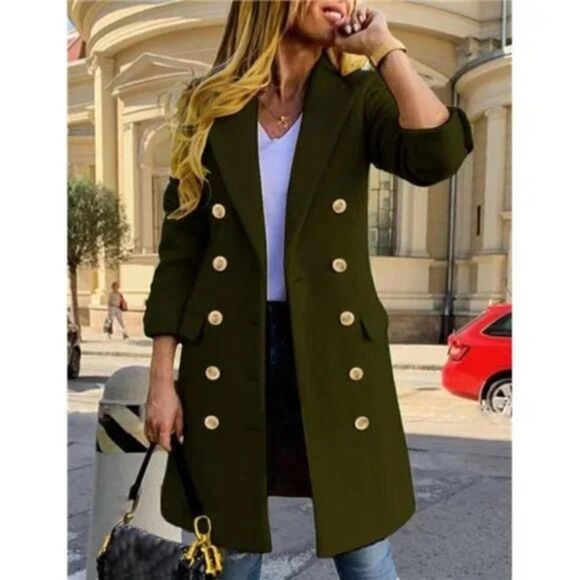 New Womens Winter Wool Coats Double Breasted Green Warm Long Coat - Picture 3 of 4